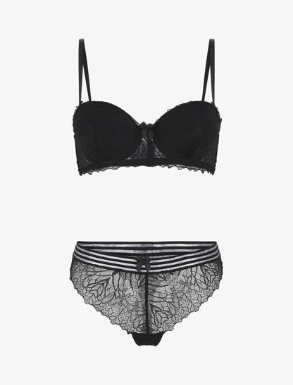Ensemble push up et tanga en dentelle - Noir - 1