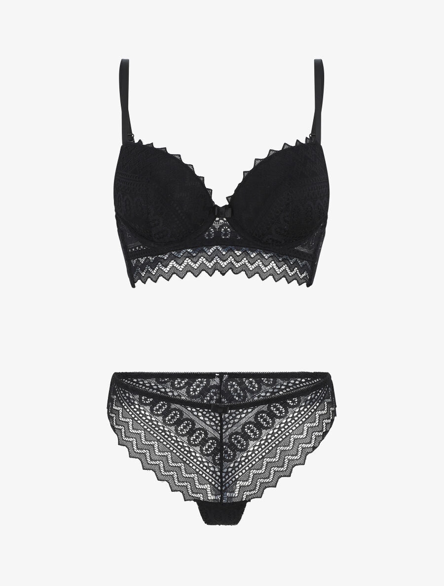 Ensemble push up bande en dentelle - Noir - 2