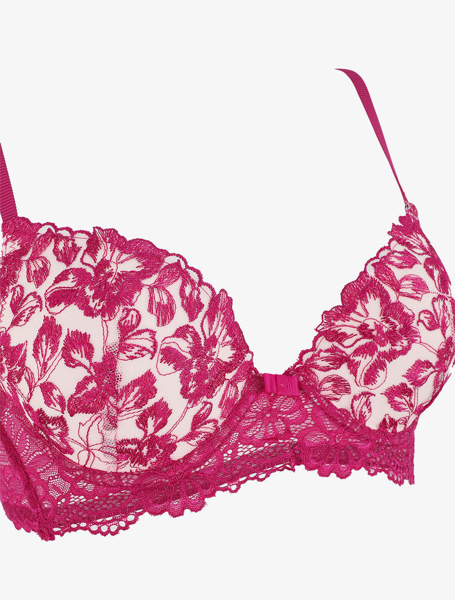 Ensemble push up bande en dentelle à motif fleurs - Fushia - 4