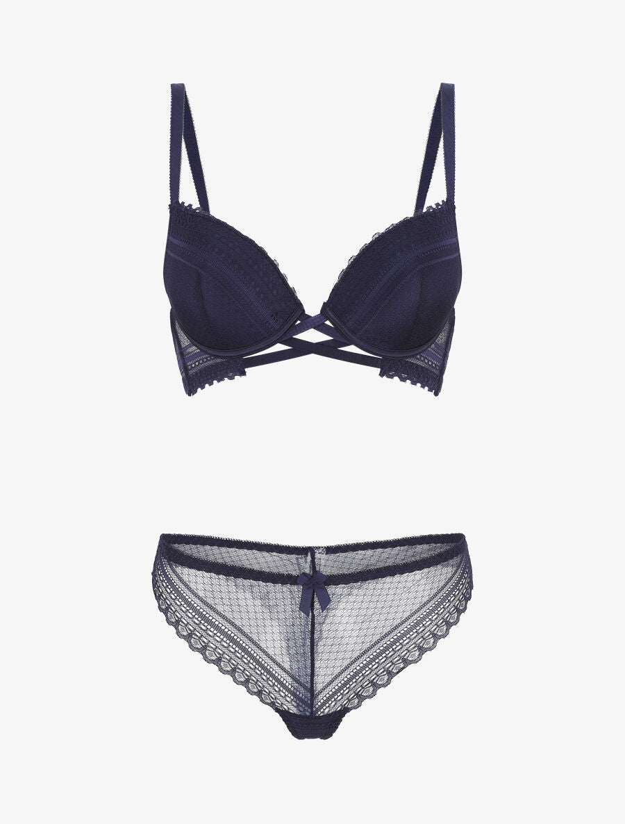 Ensemble push up texturé en dentelle - Marine - 2