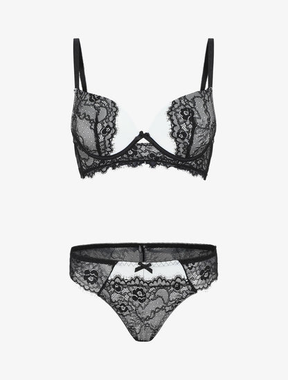 Ensemble soutien-gorge push up et culotte en dentelle - Noir/blanc - 1