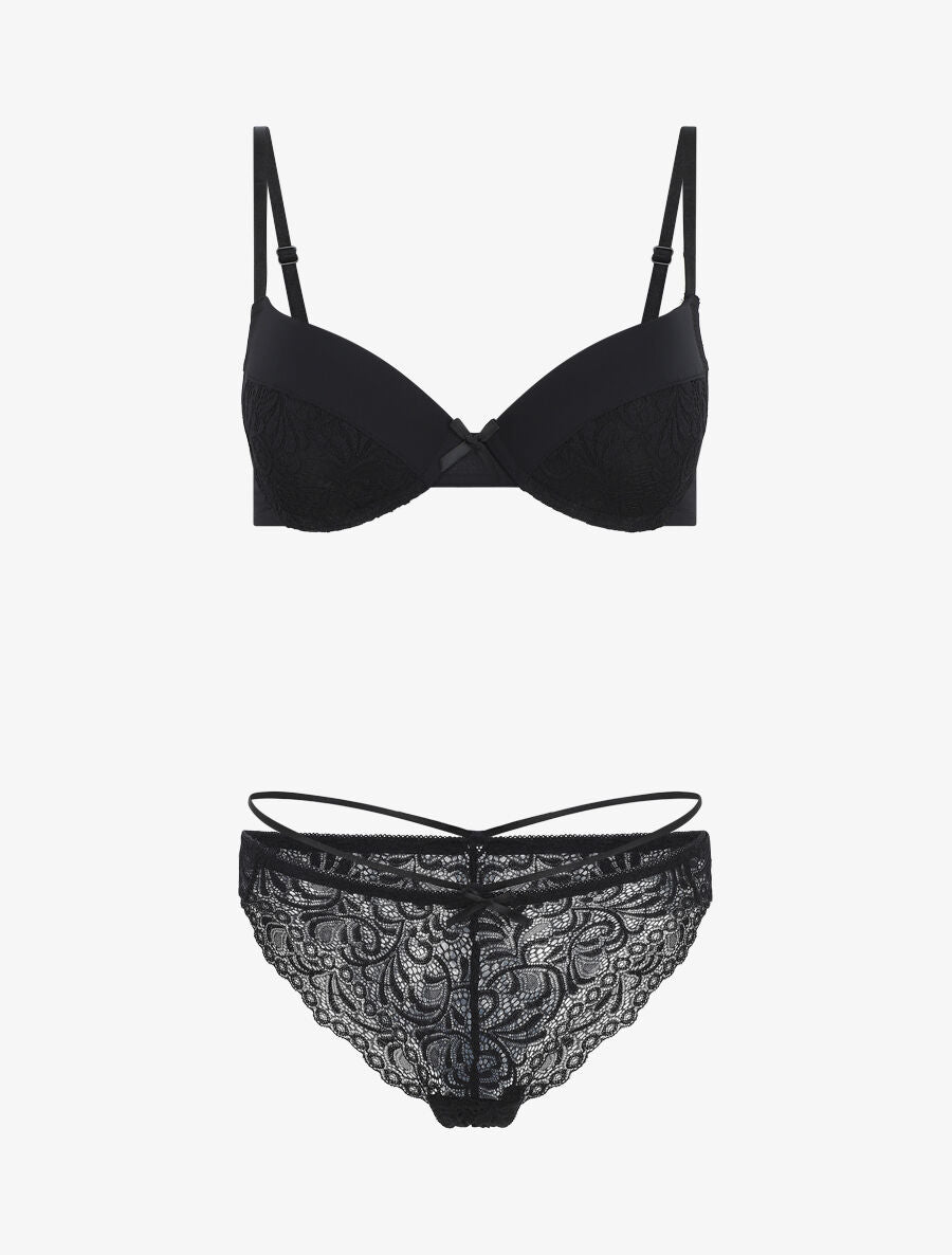 Ensemble push up en dentelle et noeud - Noir - 2
