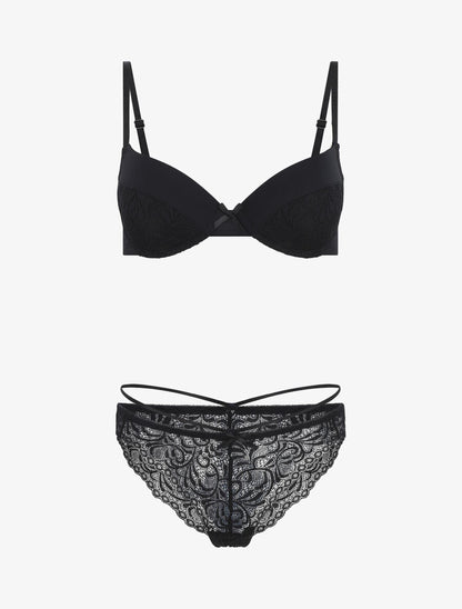 Ensemble push up en dentelle et noeud - Noir - 2