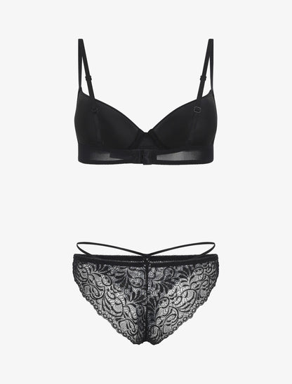 Ensemble push up en dentelle et noeud - Noir - 3