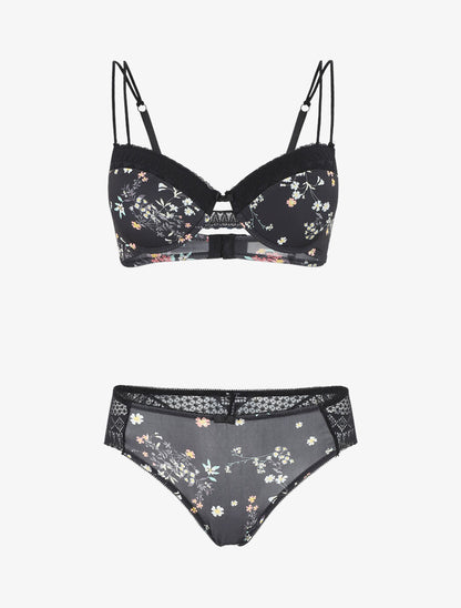 Ensemble push up imprimé fleuri et dentelle - Noir - 1