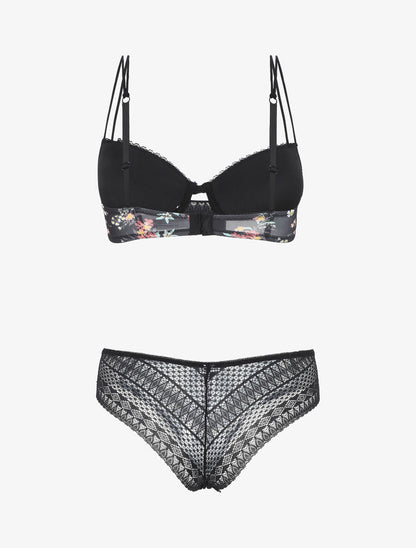 Ensemble push up imprimé fleuri et dentelle - Noir - 2