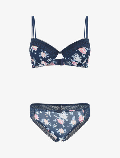Ensemble push up imprimé fleuri et dentelle - Marine - 5