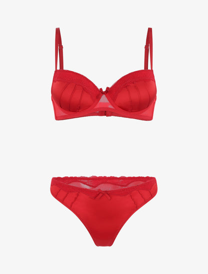 Ensemble push up en dentelle effet satiné - Rouge - 2