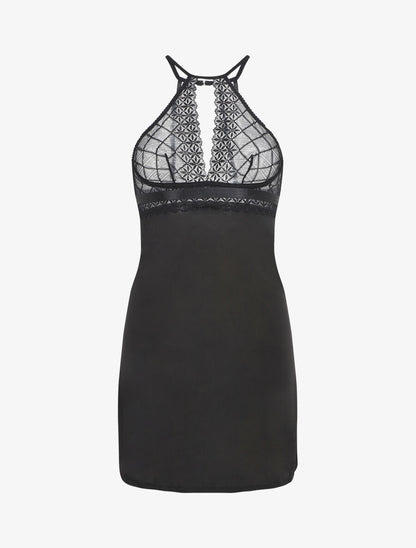 Robe nuisette à dos nu et haut en dentelle ajouré - Noir - 4