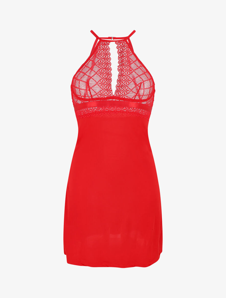 Robe nuisette à dos nu et haut en dentelle ajouré - Rouge - 5