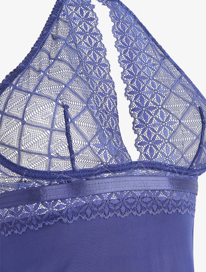 Robe nuisette à dos nu et haut en dentelle ajouré - Marine - 3