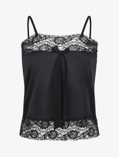 Ensemble pyjama à détail dentelle et noeud - Noir - 1