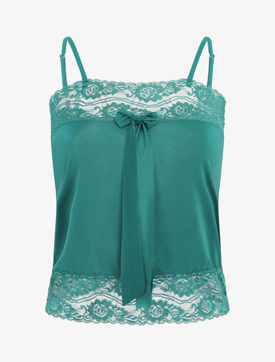 Ensemble pyjama à détail dentelle et noeud - Vert sapin - 1