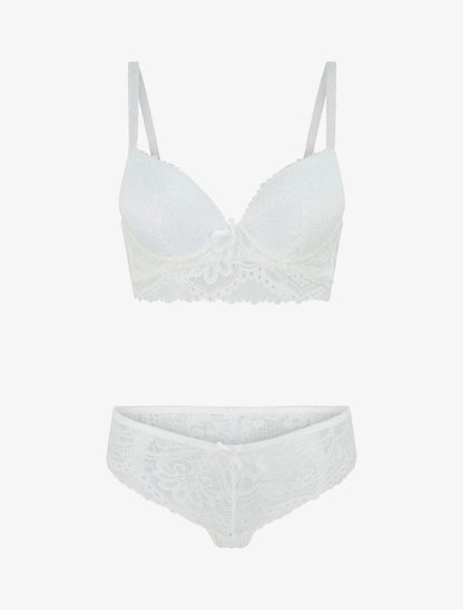 Ensemble push up bandeau en dentelle et motif graphique - Blanc - 1
