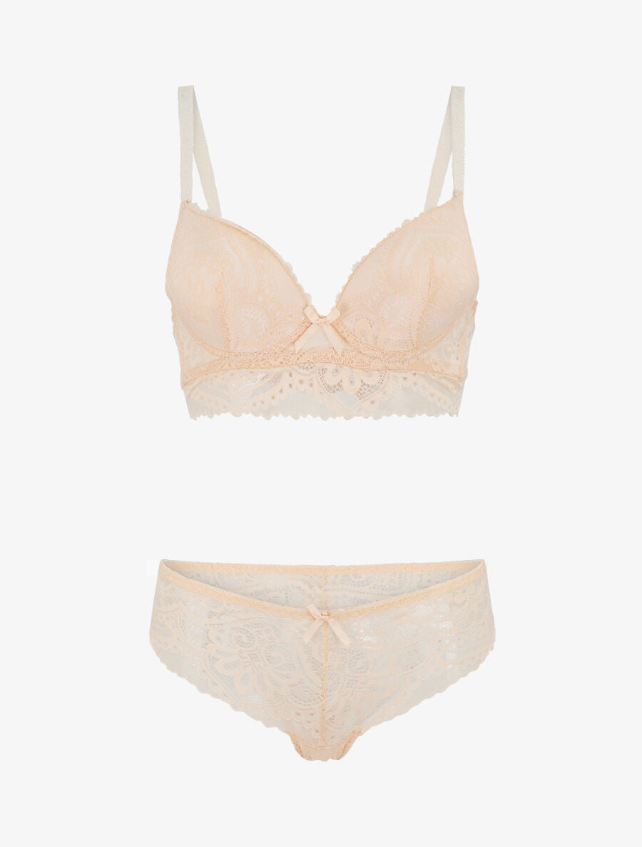 Ensemble push up bandeau en dentelle et motif graphique - Beige - 2
