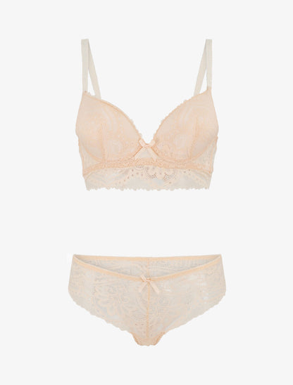 Ensemble push up bandeau en dentelle et motif graphique - Beige - 2
