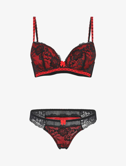 Ensemble push up en dentelle à motif floral - Noir/rouge - 2