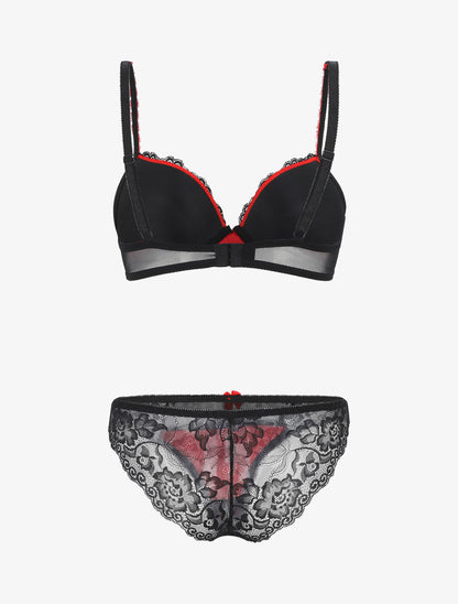 Ensemble push up en dentelle à motif floral - Noir/rouge - 3