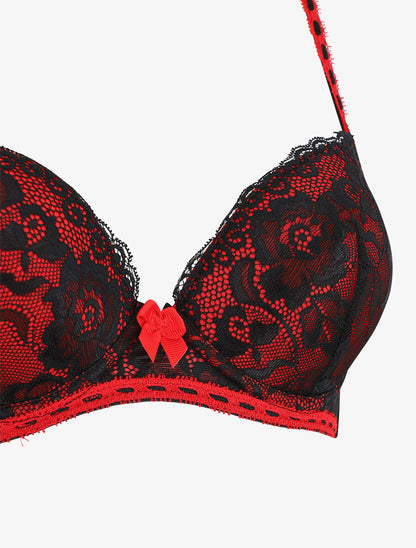 Ensemble push up en dentelle à motif floral - Noir/rouge - 4
