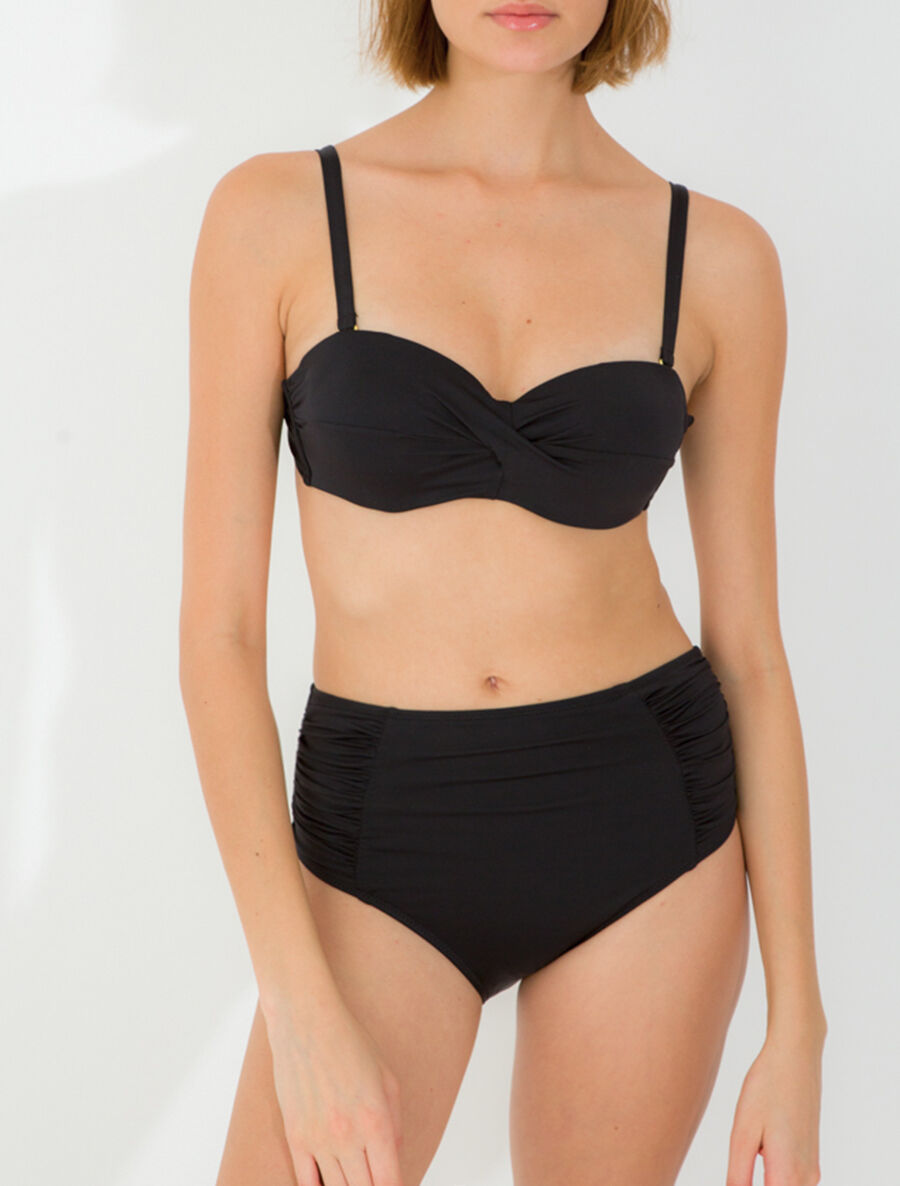 Bikini uni à bas froncé - Noir - 1