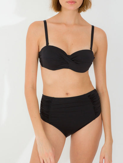 Bikini uni à bas froncé - Noir - 1