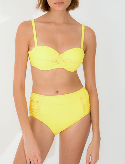 Bikini uni à bas froncé - Jaune - 1