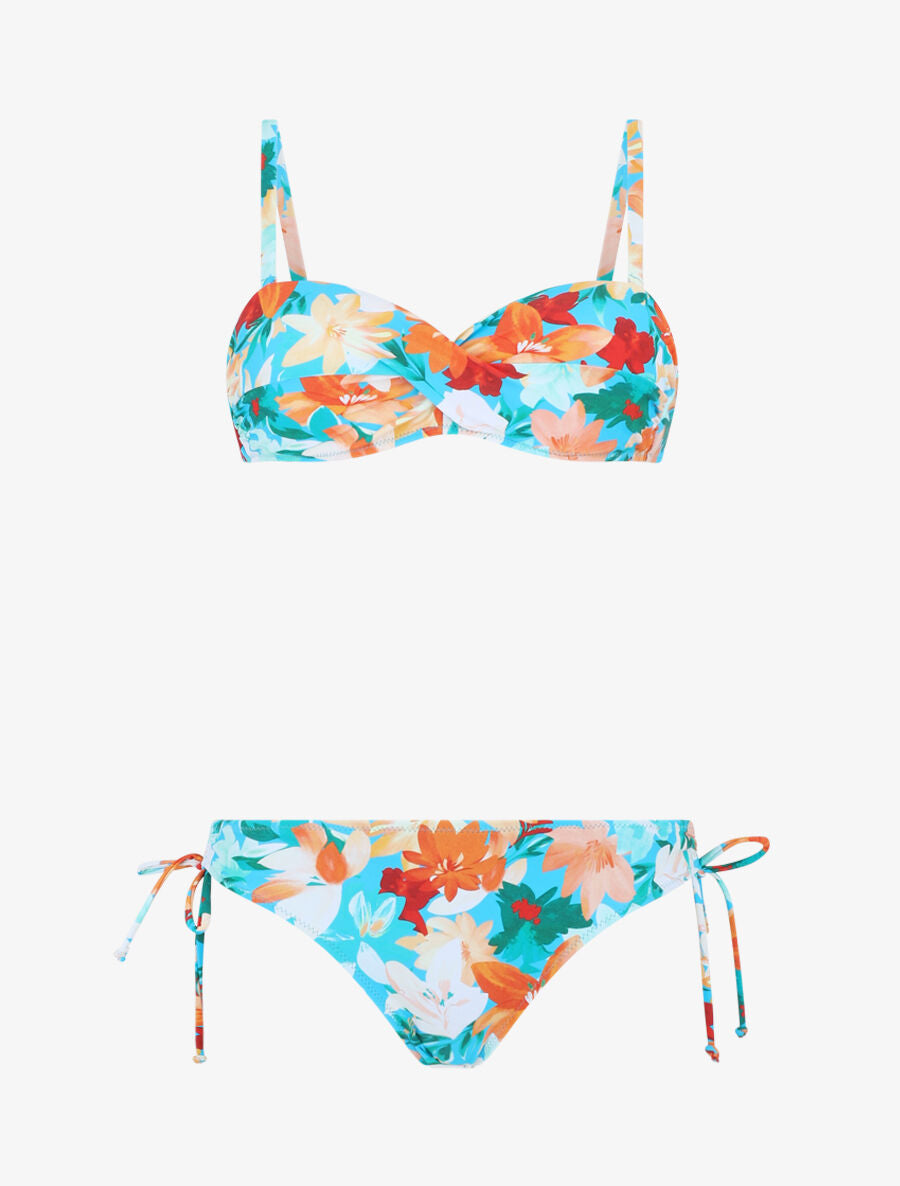 Bikini torsadé à fleurs - Turquoise - 1