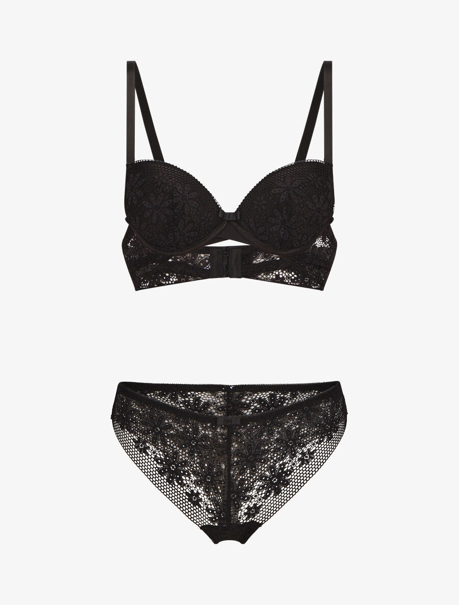Ensemble lingerie en dentelle motif fleuri - Noir - 3