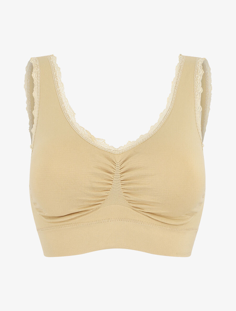 Brassière uni avec coussinets amovibles et broderies - Beige - 4