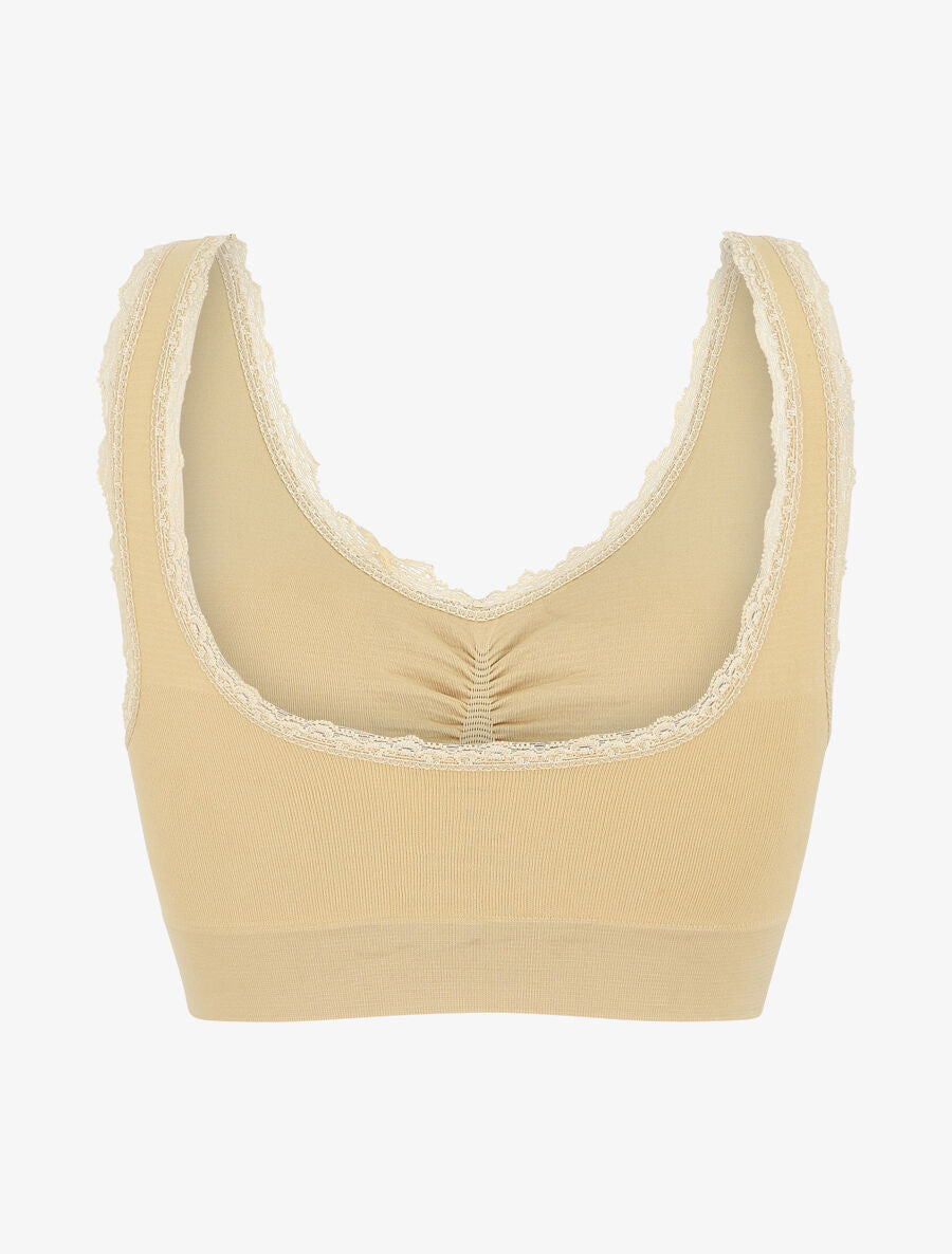 Brassière uni avec coussinets amovibles et broderies - Beige - 2