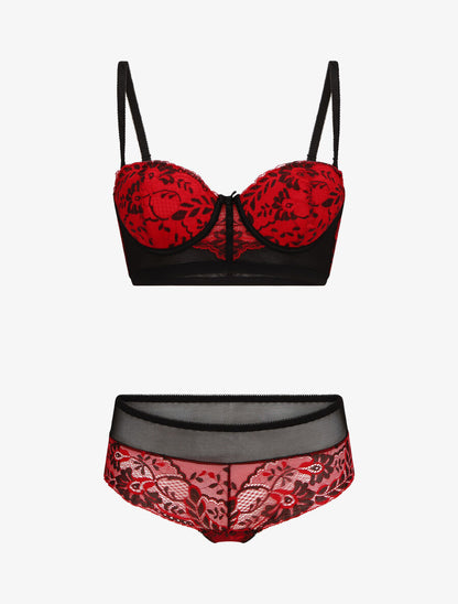 Ensemble push bicolore et shorty en dentelle - Rouge - 3