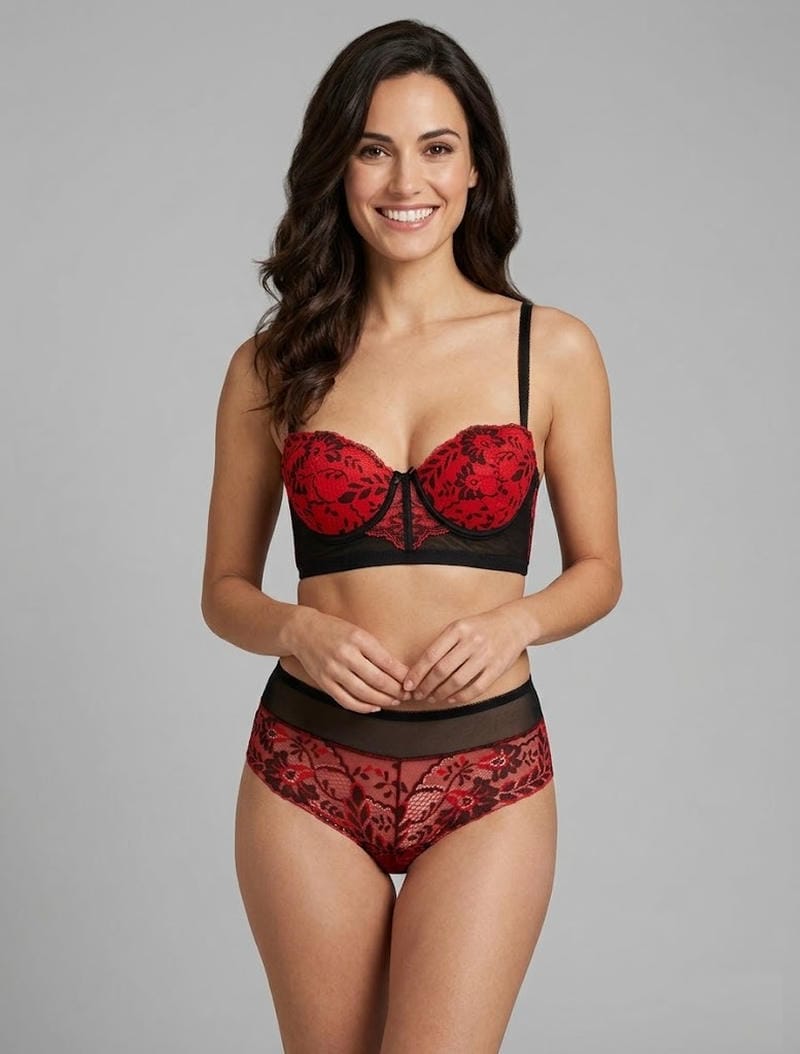Conjunto de sujetador bicolor y braga de encaje. - Rojo
