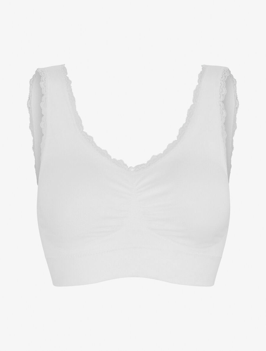 Brassière uni avec coussinets amovibles et broderies - Blanc - 4