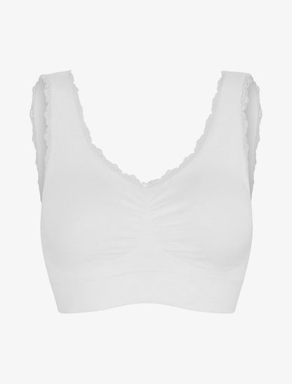 Brassière uni avec coussinets amovibles et broderies - Blanc - 4