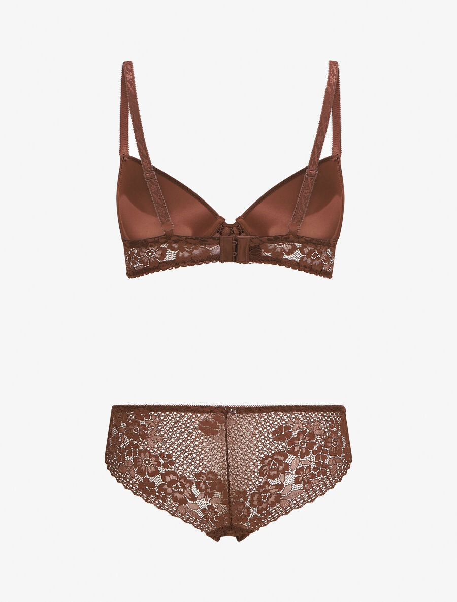 Ensemble push up et culotte en dentelle - Marron - 2