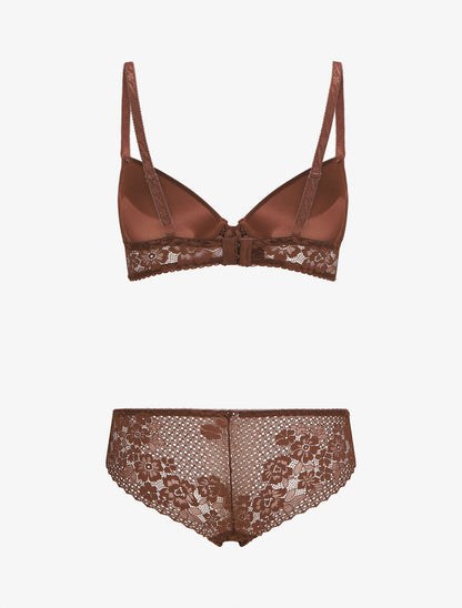 Ensemble push up et culotte en dentelle - Marron - 2