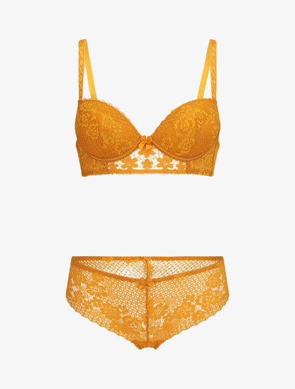 Ensemble push up et culotte en dentelle - Jaune moutarde - 1