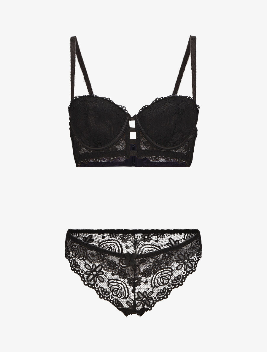 Ensemble soutien-gorge et tanga en dentelle florale - Noir - 1