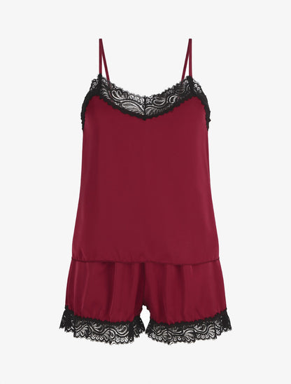 Ensemble caraco et short de pyjama satiné - Bordeaux - 1