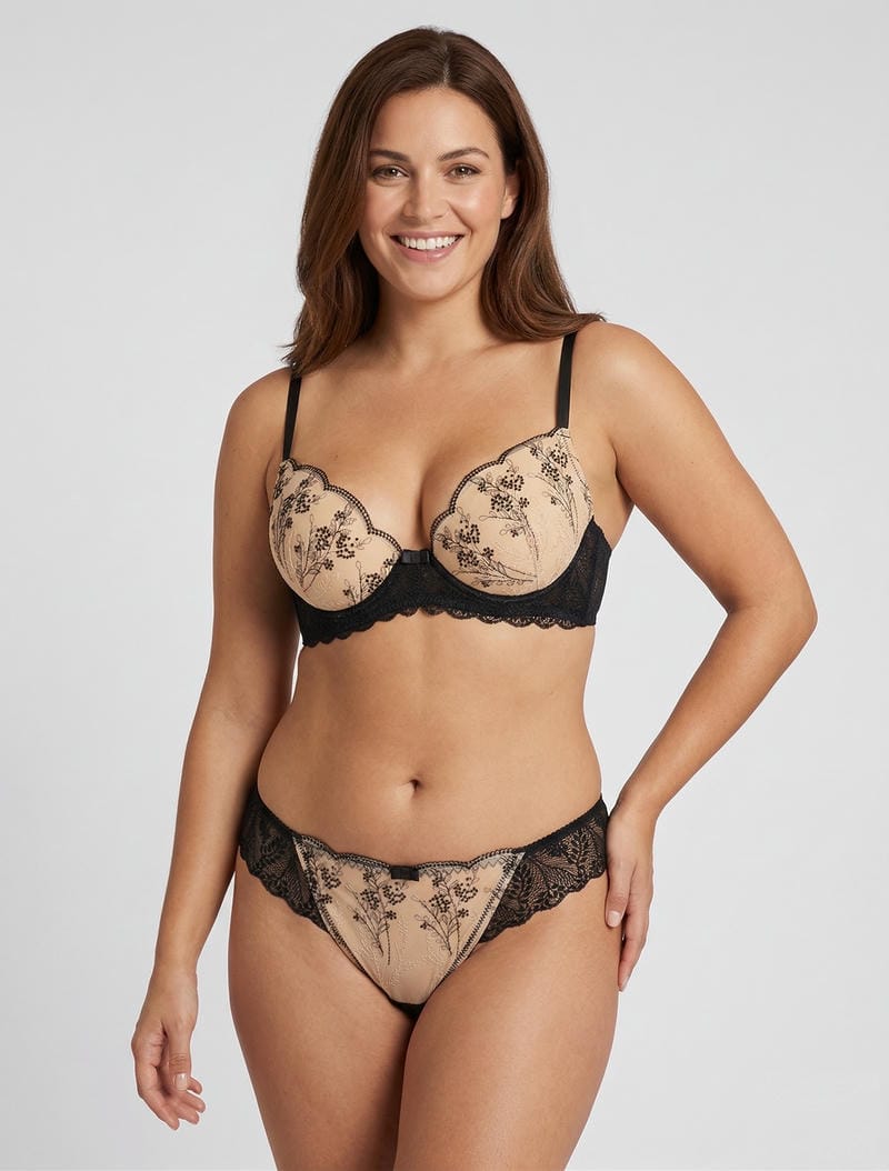 Conjunto de sujetador y tanga de encaje iridiscente - Negro/beige