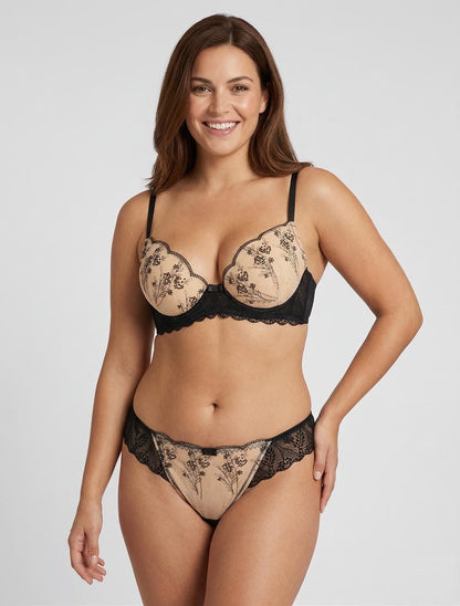 Conjunto de sujetador y tanga de encaje iridiscente - Negro/beige