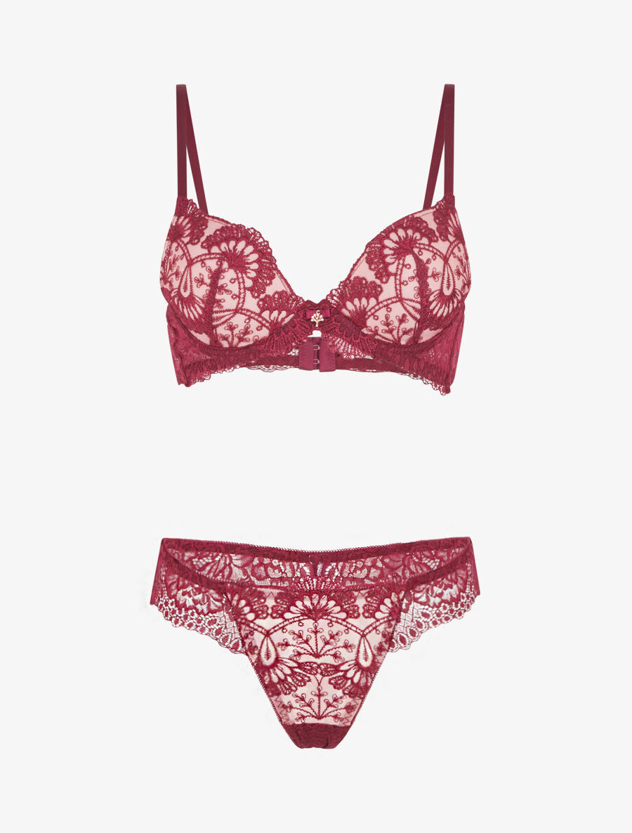 Ensemble soutien-gorge et string en dentelle fantaisie - Bordeaux - 4