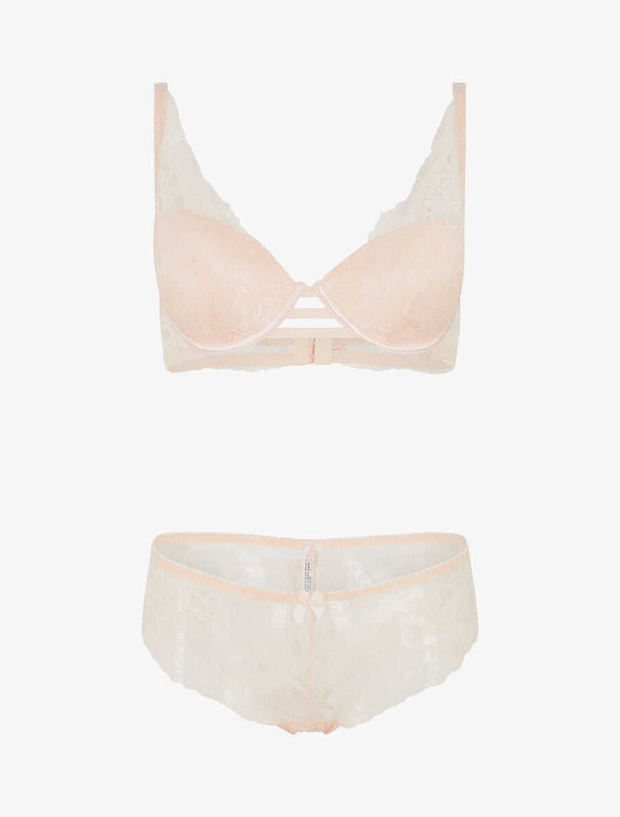 Ensemble soutien-gorge push-up et culotte en dentelle fleurie - Rose pâle - 1