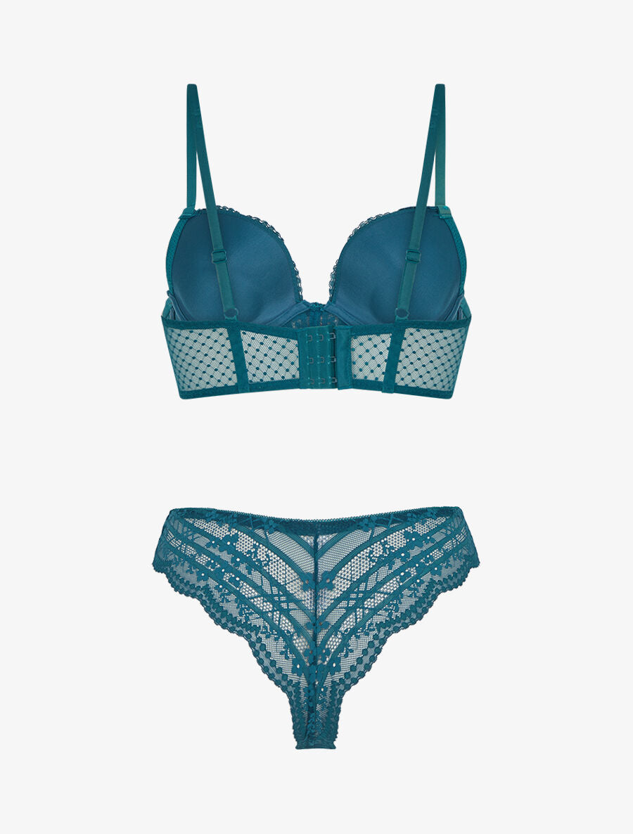 Ensemble soutien-gorge et tanga à bijoux arbre strassé - Bleu canard - 2