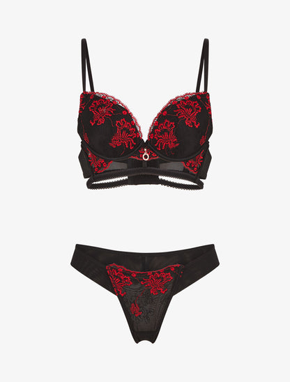 Ensemble soutien-gorge et tanga bicolore et bijoux strassé - Noir - 3