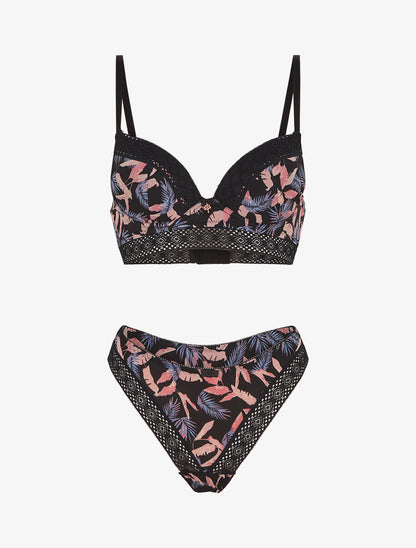 Ensemble soutien-gorge et tanga imprimé feuillage - Noir - 3