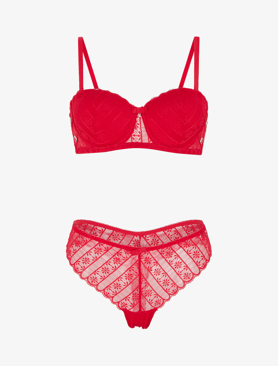 Ensemble soutien-gorge et tanga ajouré en dentelle - Rouge - 1