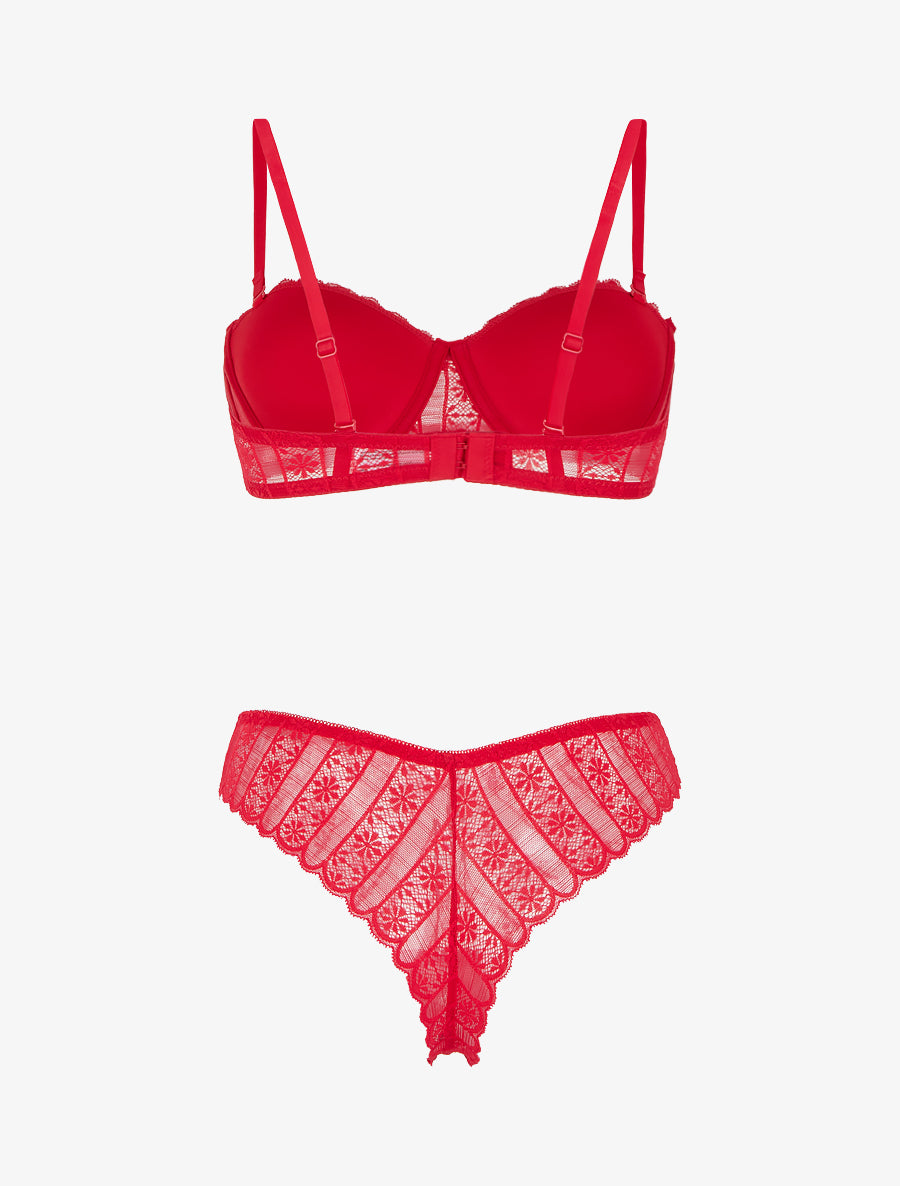Ensemble soutien-gorge et tanga ajouré en dentelle - Rouge - 2