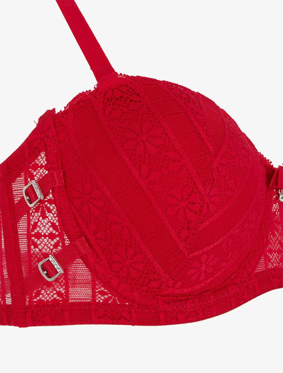 Ensemble soutien-gorge et tanga ajouré en dentelle - Rouge - 3