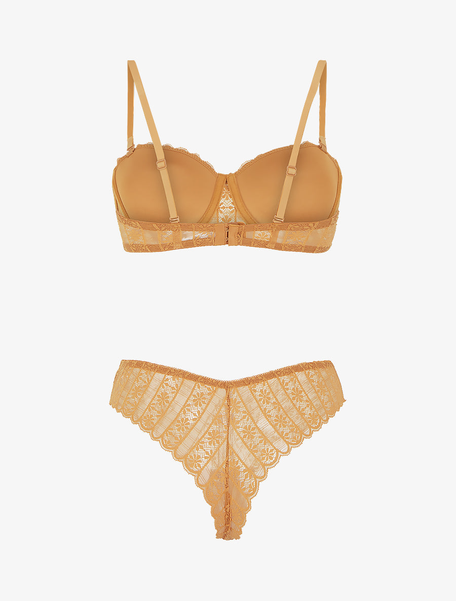 Ensemble soutien-gorge et tanga ajouré en dentelle - Camel - 2